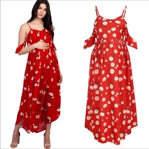 NEW Red Daisy Floral Cold Shoulder Maxi Dress